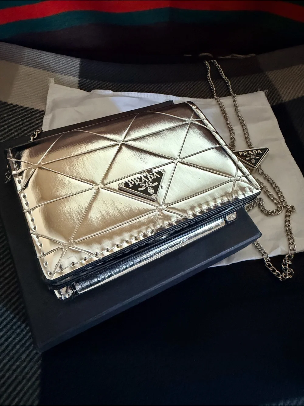 Metallic Silver Quilted Card Holder with Chain Strap